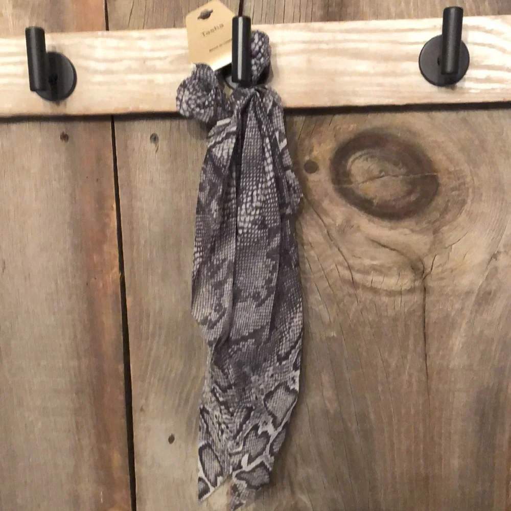 Tasha Snakeskin Scarf Tail Hair Scrunchie in Gray Black